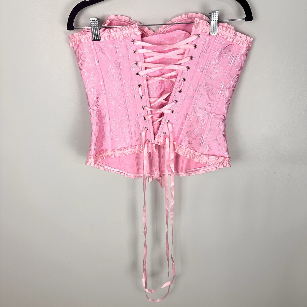 Pink Floral Jacquard Bustier Lace Up Corset Top Ruffle Hem Castle Fairy Small - Picture 6 of 14